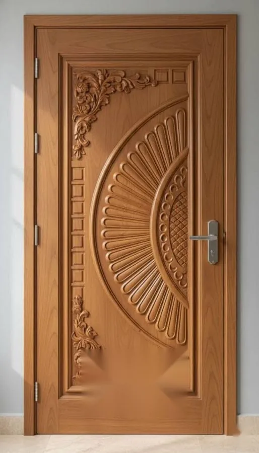 Carved wooden door with sunburst panel