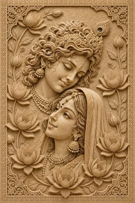3D carved Radha Krishna panel