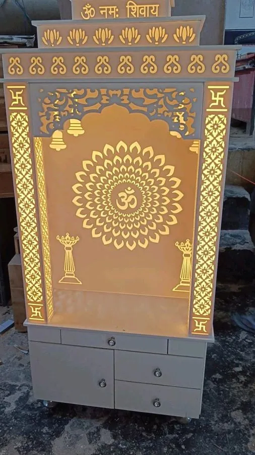 Backlit Korean mandir with Om mandala