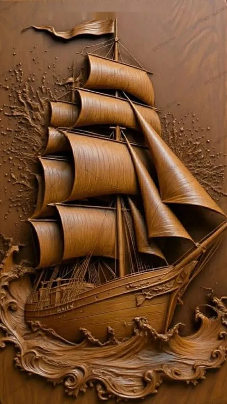 3D carved wooden ship relief panel