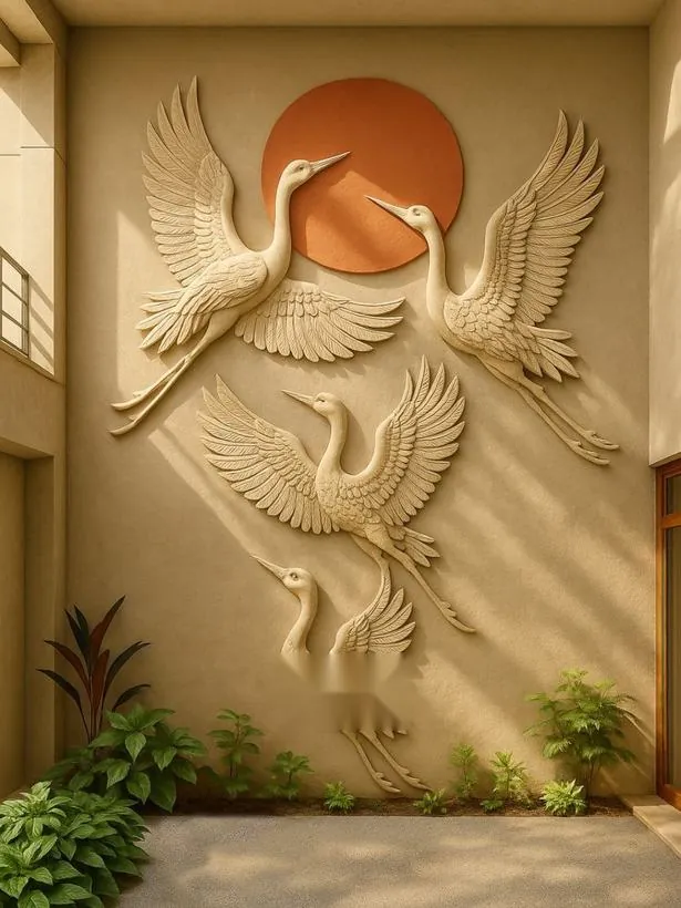 3D relief wall mural of cranes