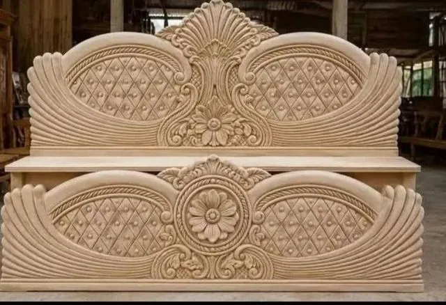 Hand carved wooden bed headboard and footboard